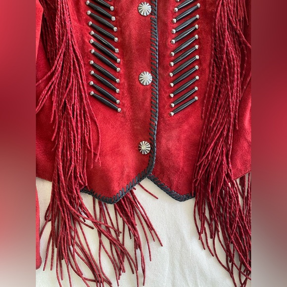 Cripple Creek Vintage 90s Red Leather Beaded Fringe Jacket Native Boho Bold XL - Picture 8 of 16